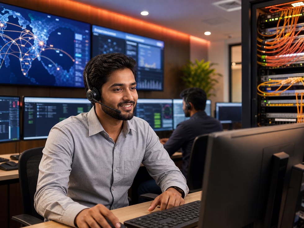 Pioneer support engineer monitoring optical fiber internet service